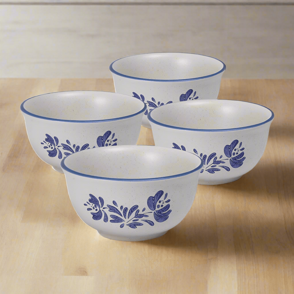 Yorktowne stoneware dessert bowls set showing different angles and uses