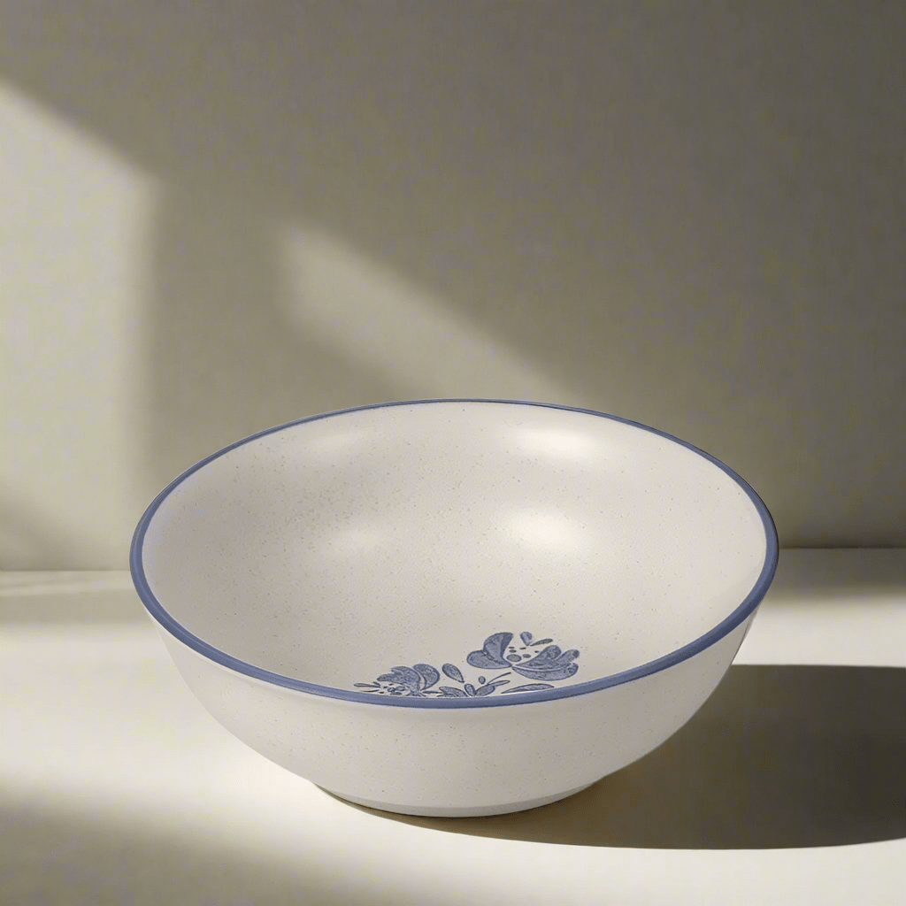Versatile stoneware cereal and soup bowl from above, showing its elegant design.