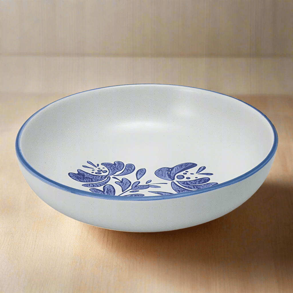 Elegant stoneware bowl perfect for serving vegetables and salads from a top view.