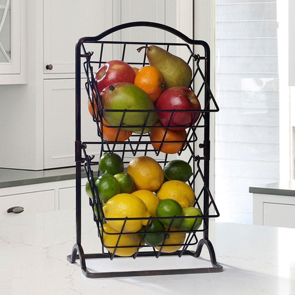 Close-up of black wrought iron hanging storage baskets in a contemporary kitchen