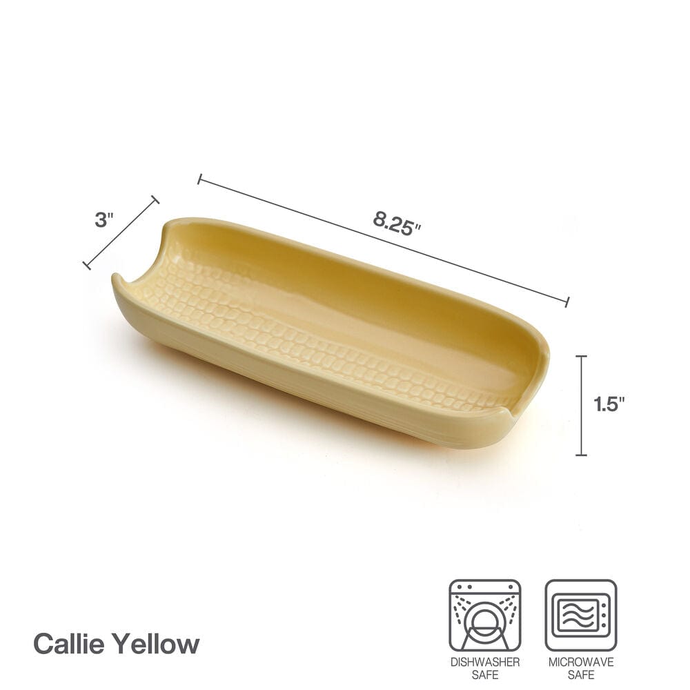 Close-up of Callie Yellow corn serving dishes showing the ear of corn design