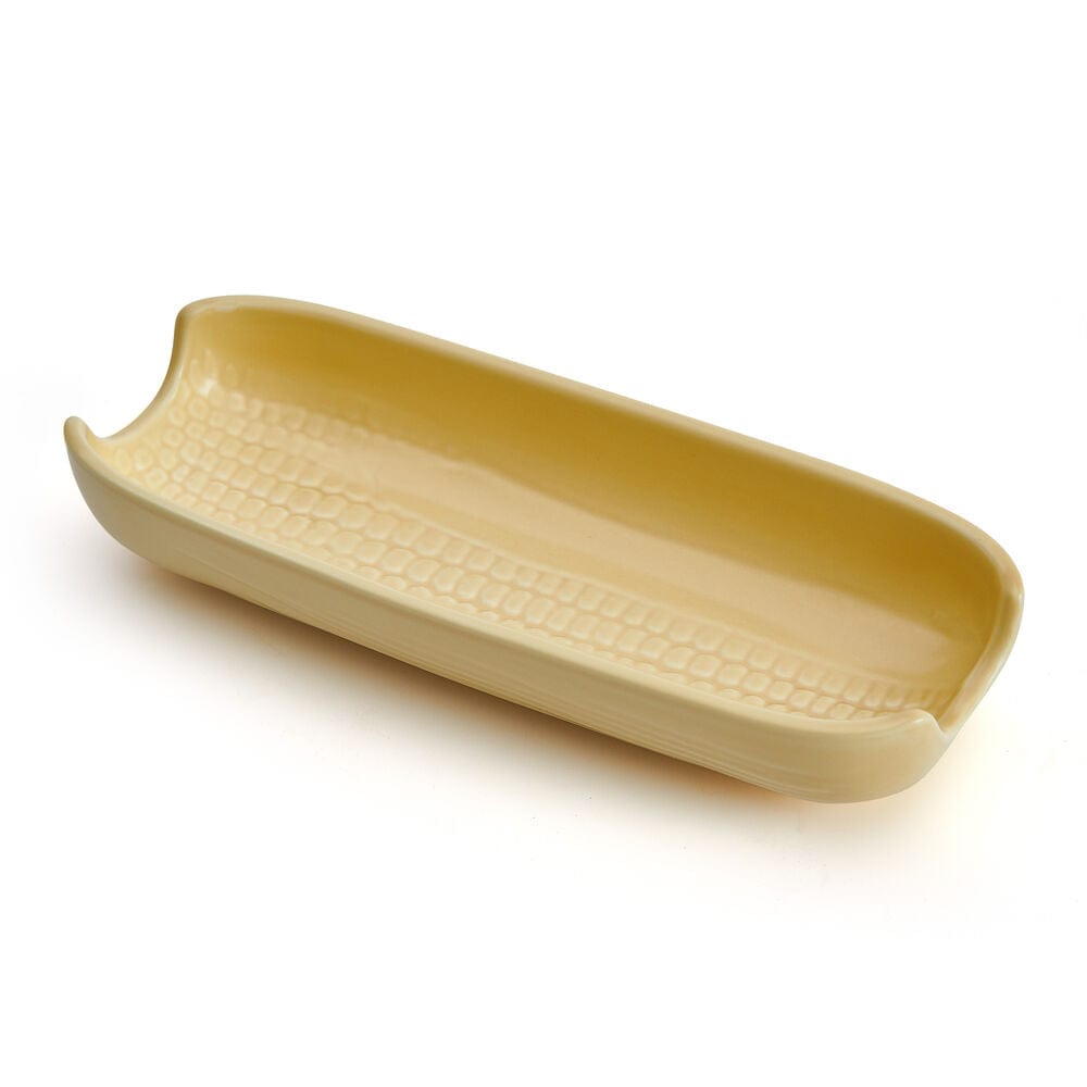 Close-up of Callie Yellow corn serving dishes showing the ear of corn design