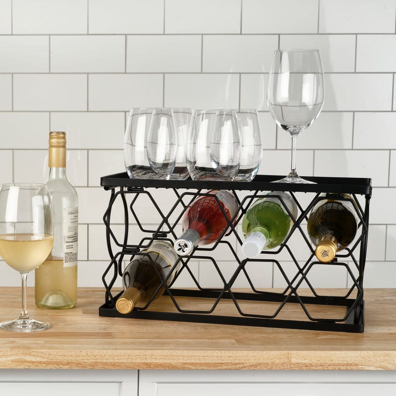 Iron wine rack for 8 bottles displayed on a home bar countertop.