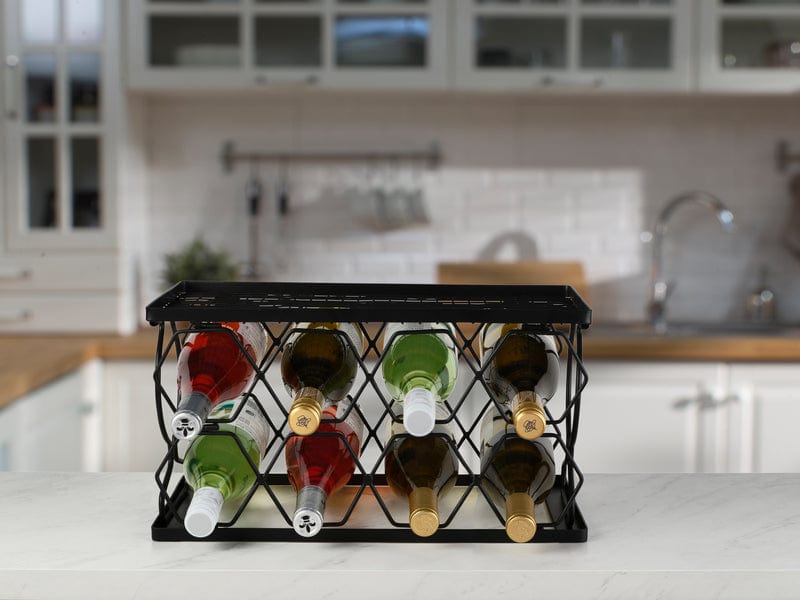 Stackable wine rack with bottles and glasses on top for easy access.