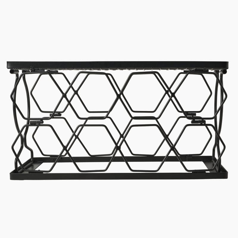 Stackable wine rack with bottles and glasses on top for easy access.