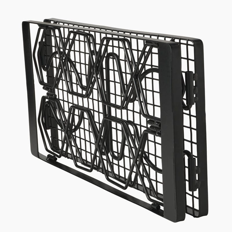Iron wine rack for 8 bottles displayed on a home bar countertop.