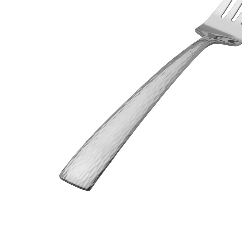Close-up of stainless steel flatware with hammered handle design, suitable for modern tables