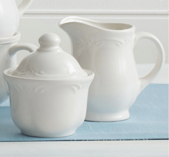Close-up of embossed sugar bowl with lid and scalloped edges