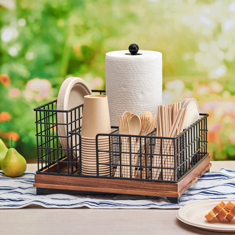 Close-up of the premium picnic caddy with compartments for outdoor dining