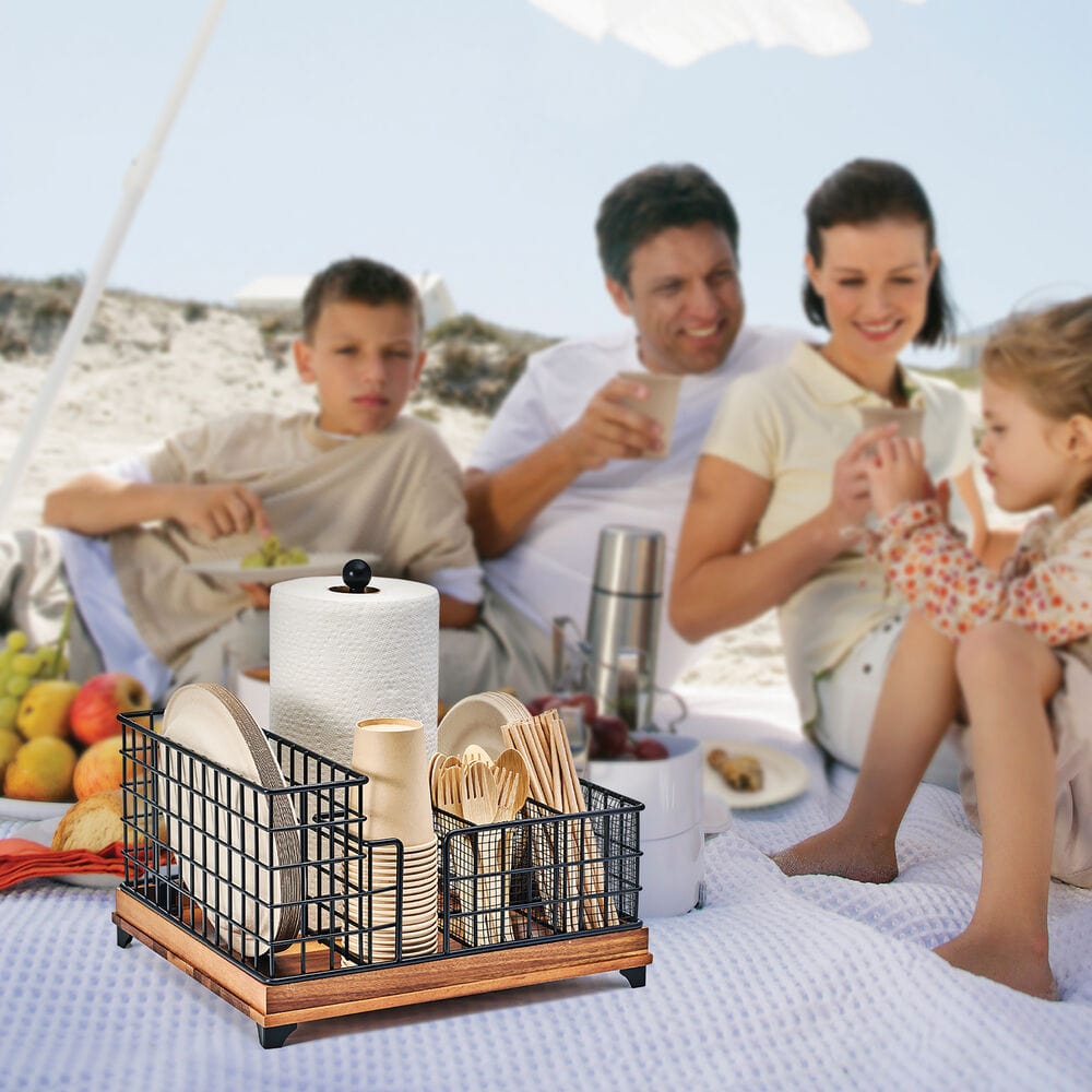 Close-up of the premium picnic caddy with compartments for outdoor dining