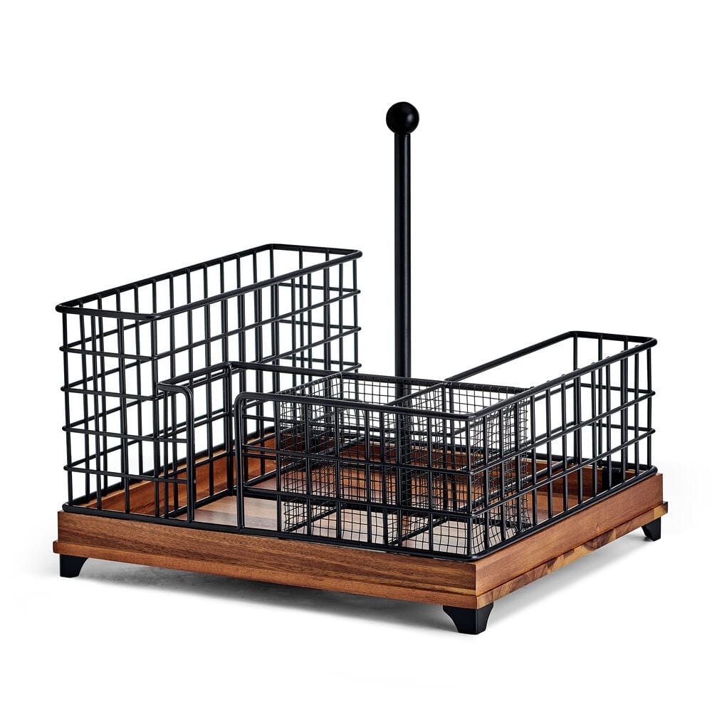 Detailed view of the acacia wood base and wire frame design