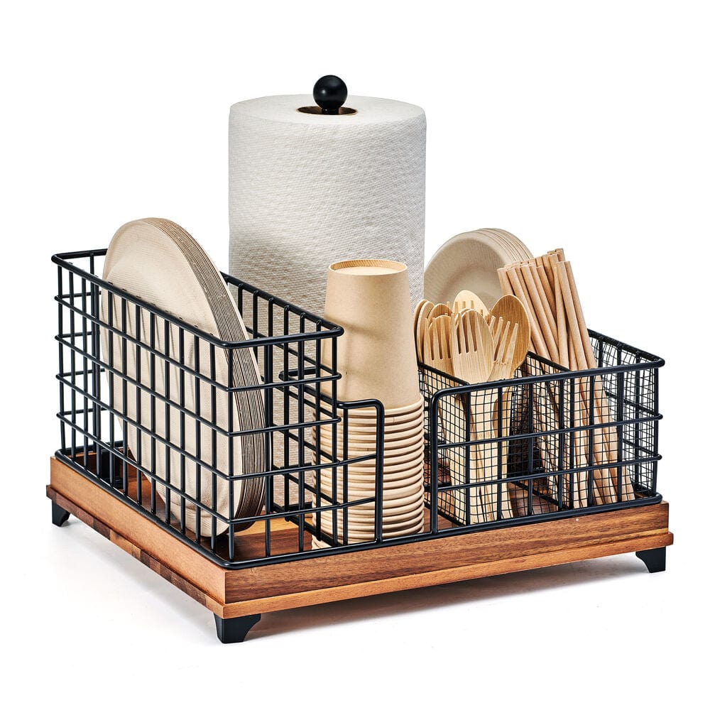 Close-up of the premium picnic caddy with compartments for outdoor dining