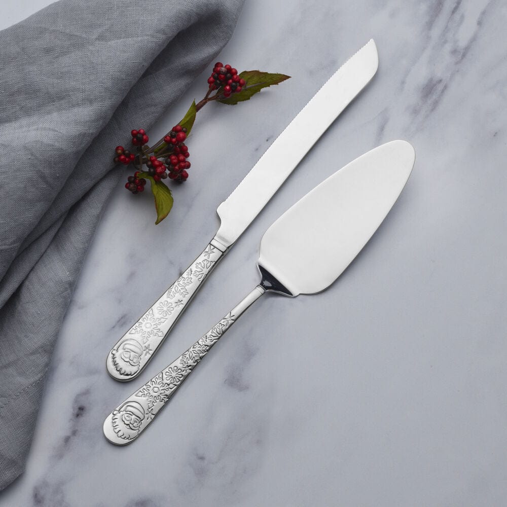 Top-rated Santa dessert set featuring a pie server and cake knife with traditional snowflake details.