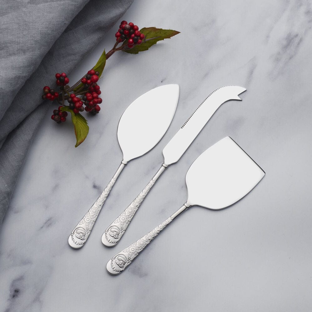 Jolly Santa cheese serving set featuring a hard cheese knife and festive snowflake design.