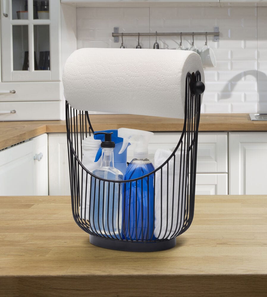 Close-up of the iron spindle countertop storage organizer showing open-wire design for kitchen storage