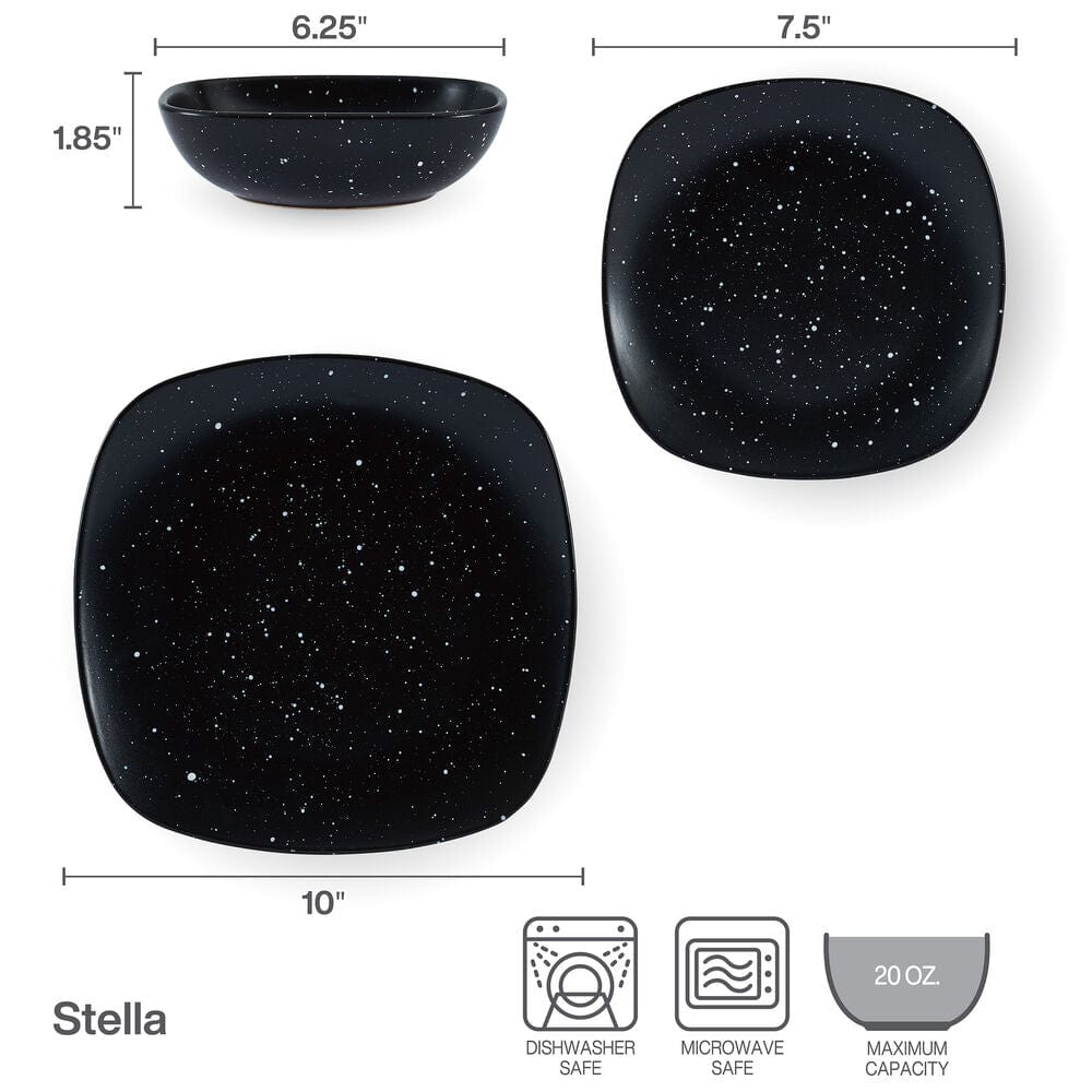 Family enjoying meal with modern black dinnerware set for 4