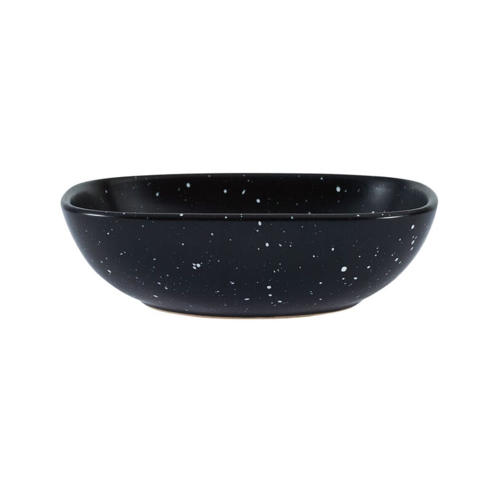Family enjoying meal with modern black dinnerware set for 4