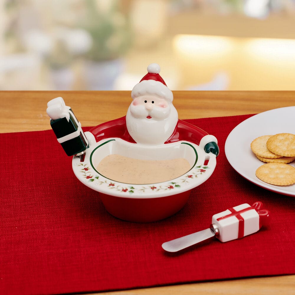 Santa dip bowl with Winterberry design on holiday table