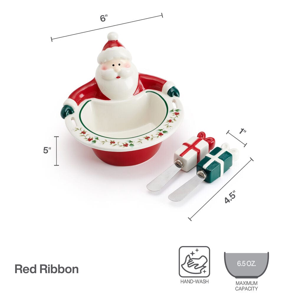 Close-up of Santa dip bowl with gift spreaders for Christmas party