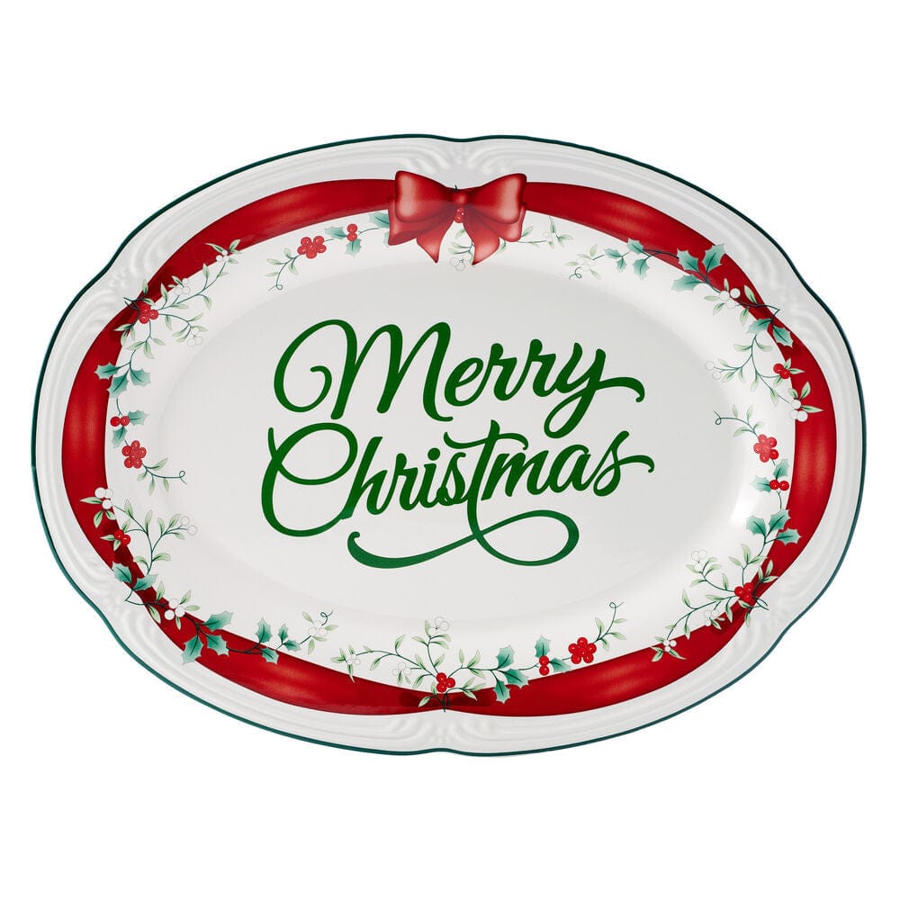 Large holiday party serving platter displaying Christmas appetizers