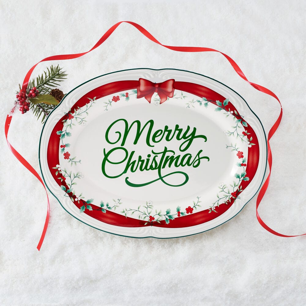 Dishwasher safe Christmas serving platter with scalloped edges and seasonal motifs
