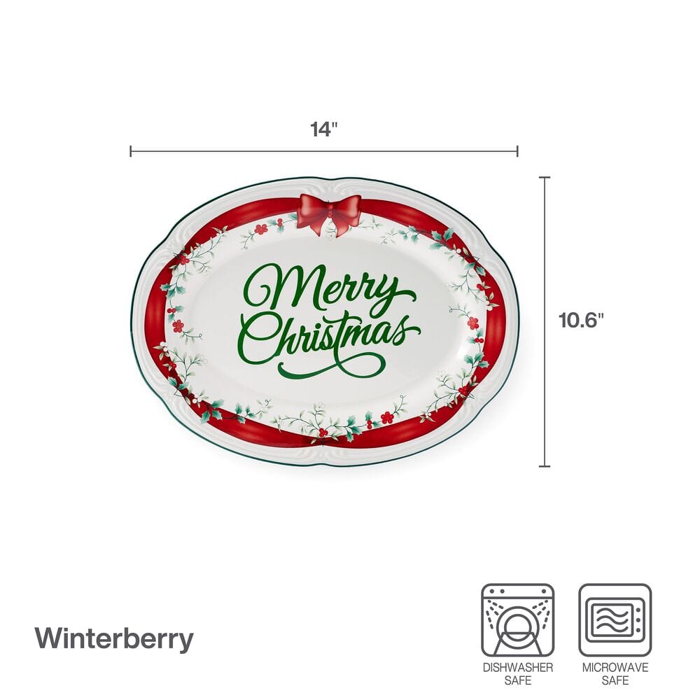 Decorative Christmas stoneware platter with red ribbon design, ideal for holiday serving