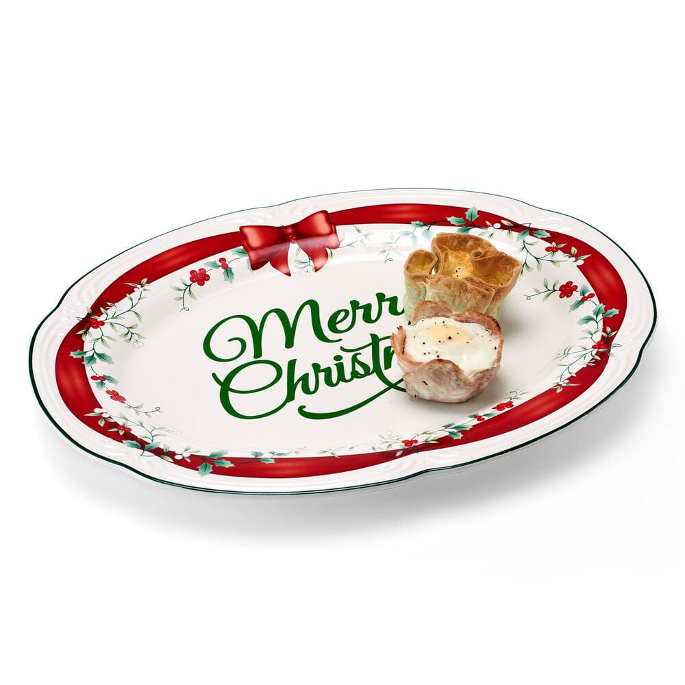 Large holiday party serving platter displaying Christmas appetizers