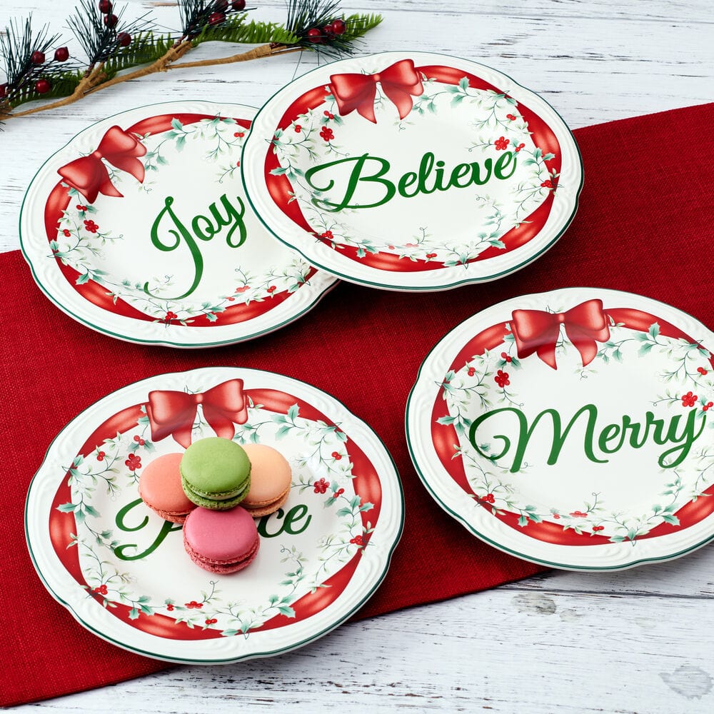 Set of 4 festive red ribbon salad plates with holiday sentiments