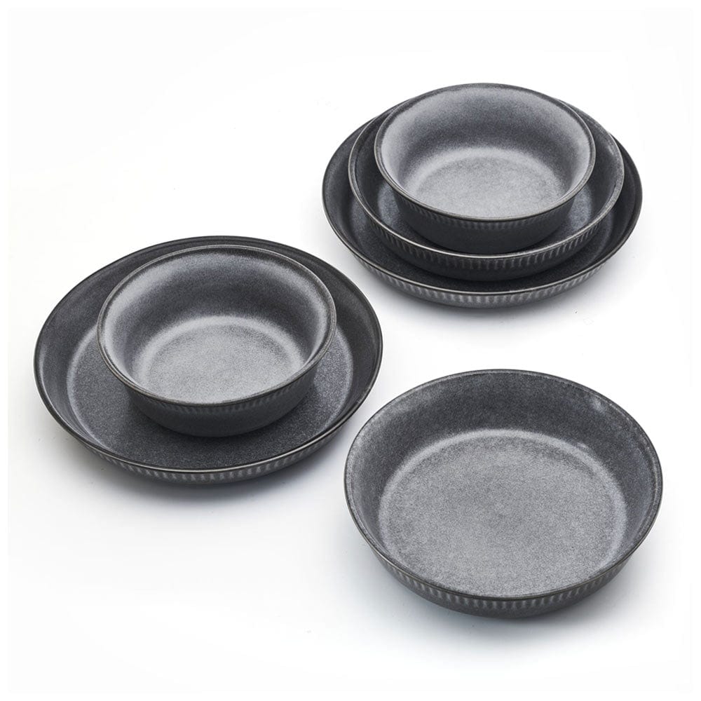 Full set of Amara Slate bowls arranged artistically, perfect for a cozy dinner for two.