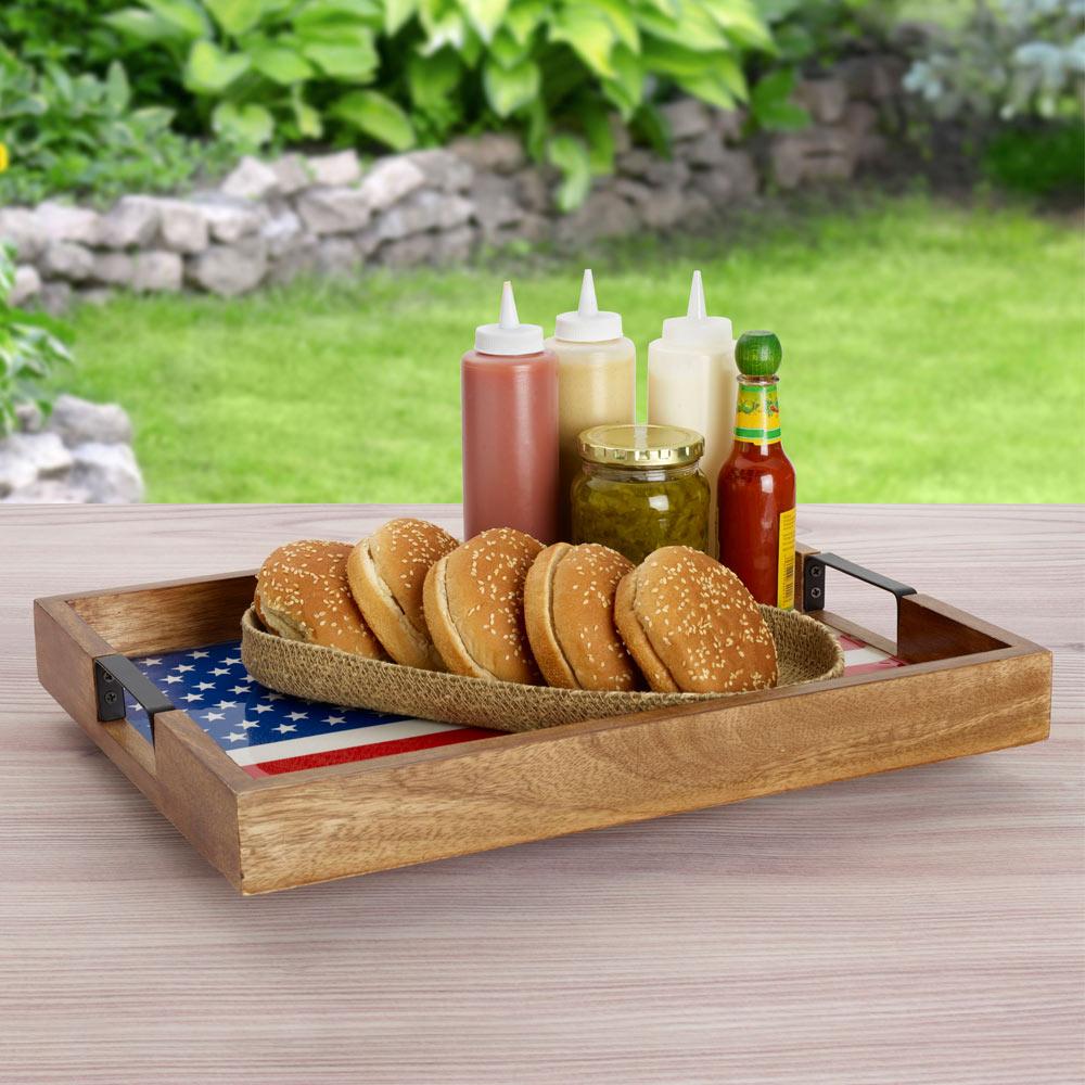 Patriotic lazy susan tray showcasing American flag design from above.