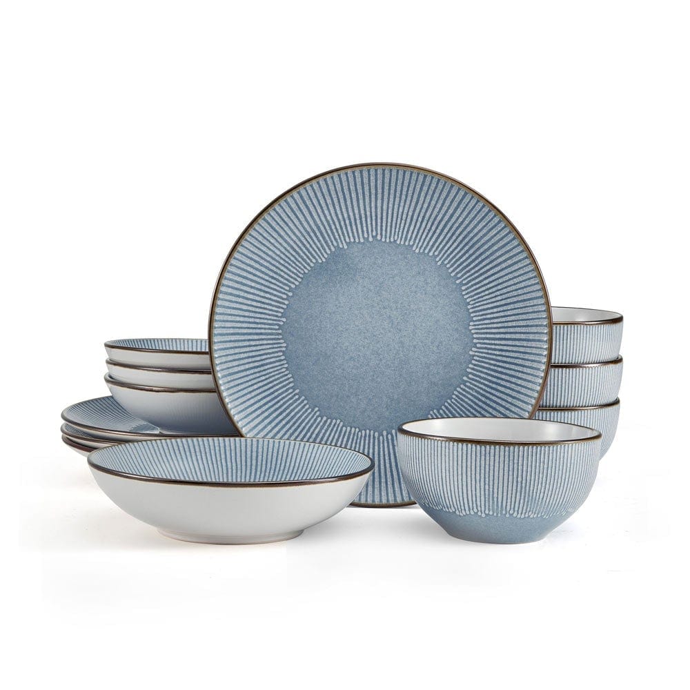 Set of 12 embossed dinnerware pieces for four people, including bowls and plates