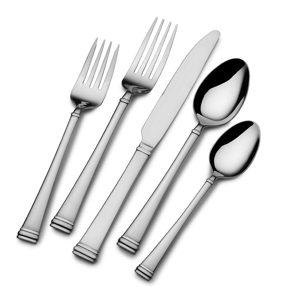 Close-up of stainless steel cutlery from the Beckham flatware set, highlighting the shiny finish.