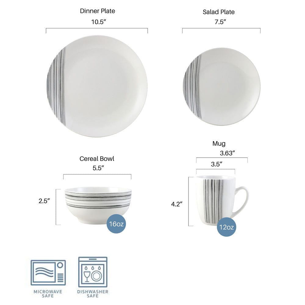 Close-up of microwave safe porcelain dinnerware with modern black brush stroke accents