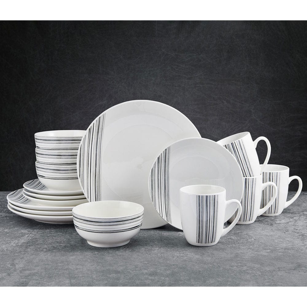 Close-up of microwave safe porcelain dinnerware with modern black brush stroke accents