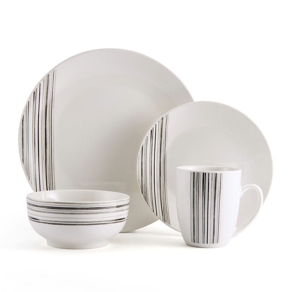 Black and white dinnerware online, includes plates, bowls, and mugs in a sophisticated style
