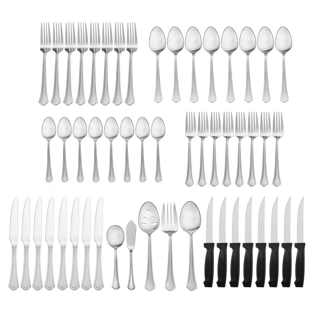Elegant Capri Frost 53-Piece Flatware Set with polished finish, displayed on a formal dining table.
