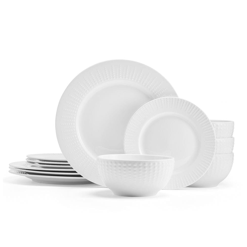 Dishwasher safe porcelain dinnerware set in a modern kitchen