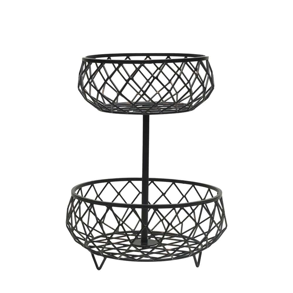 Front view of the Scott Living 2-tier storage basket with items stored inside