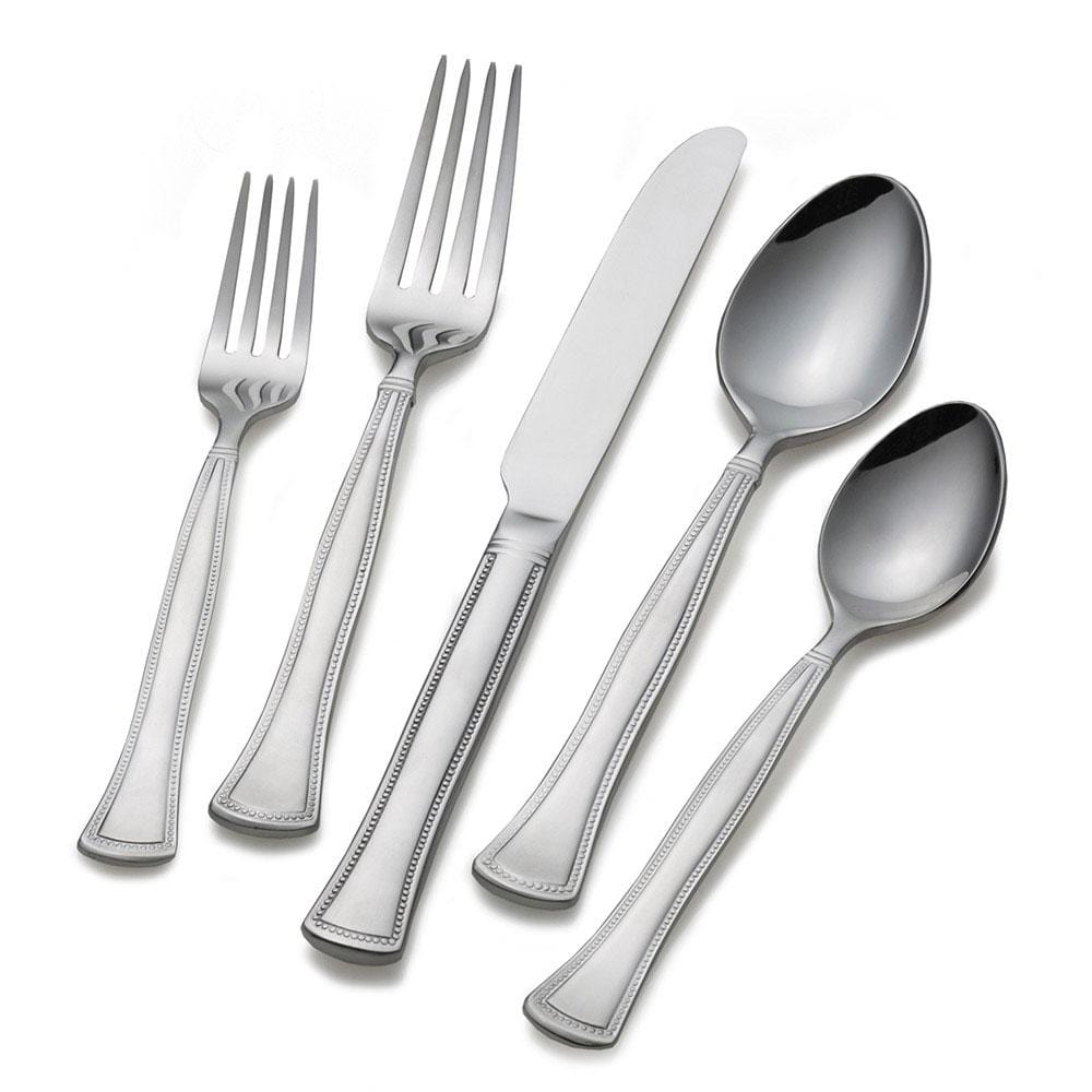 Close-up of Chadwick Bead dinner fork and knife, highlighting the sophisticated bead trim for a classy dining experience.