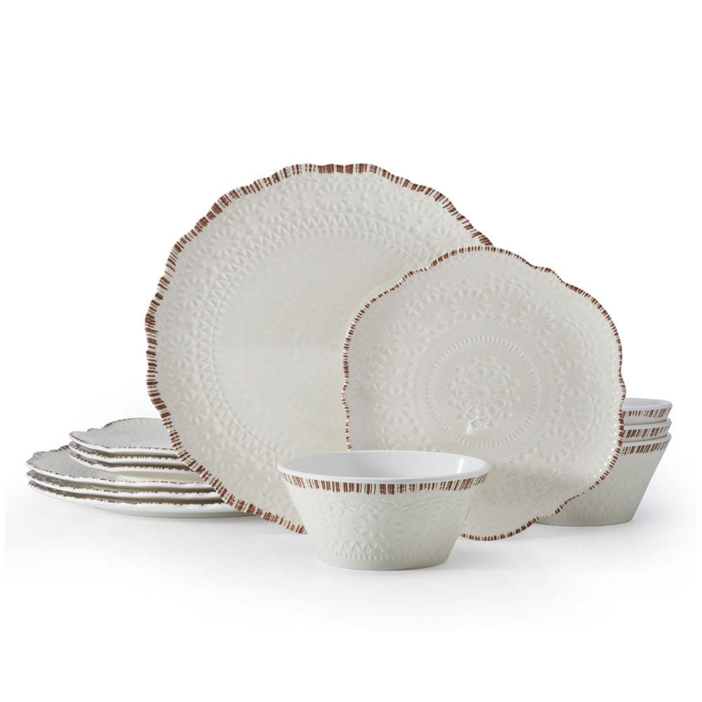 Close-up of the scalloped edges and lace design on Chateau Cream dinnerware