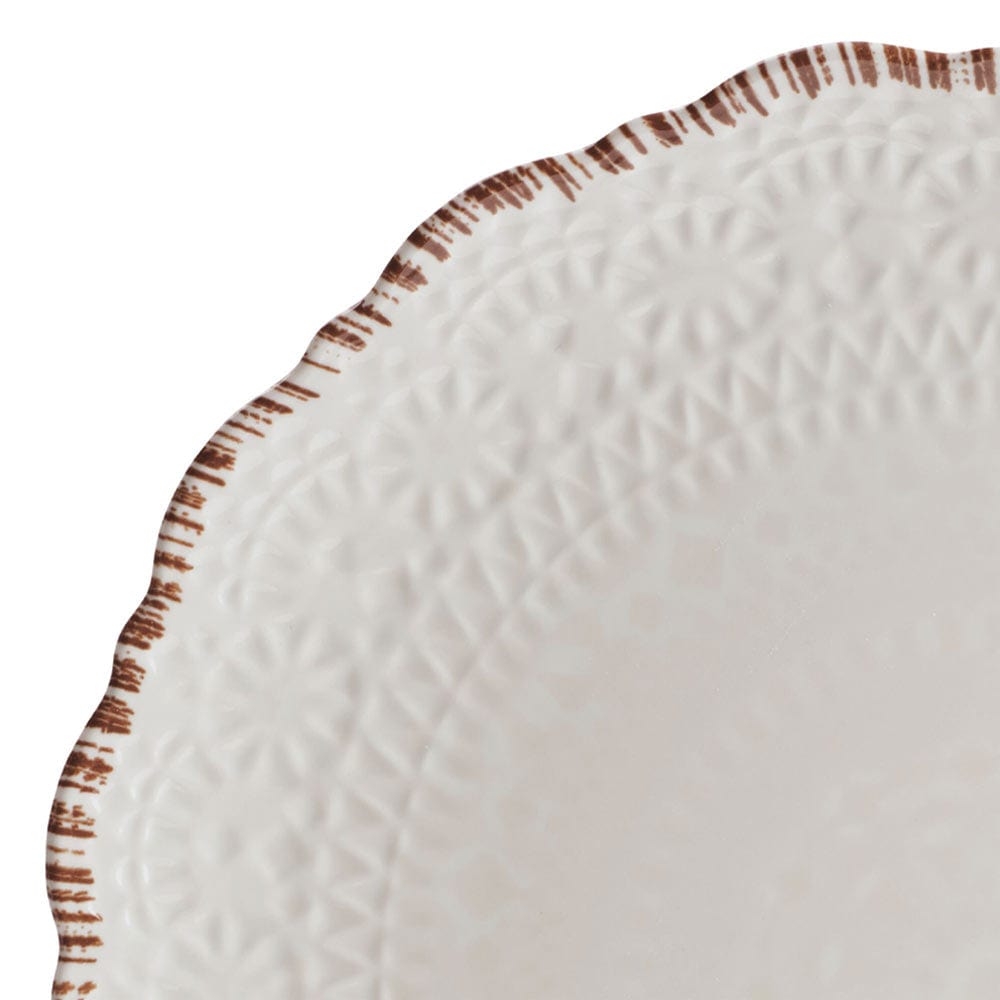 Close-up of the scalloped edges and lace design on Chateau Cream dinnerware