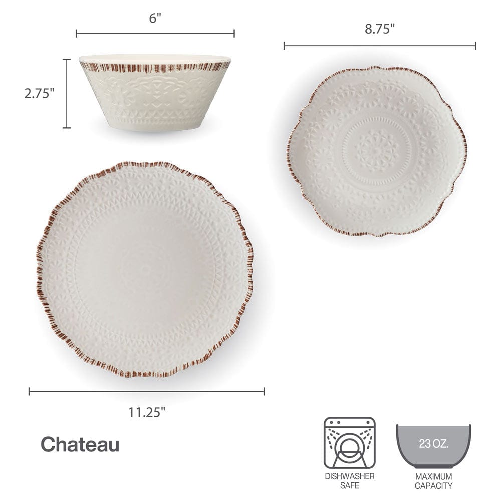 Chateau Cream dinnerware set stacked with outdoor scenery in the background
