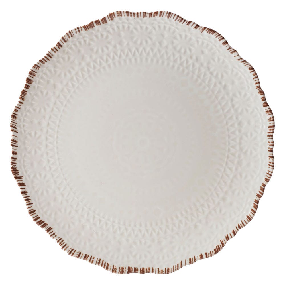 Chateau Cream melamine dinnerware set displayed on a picnic table with food