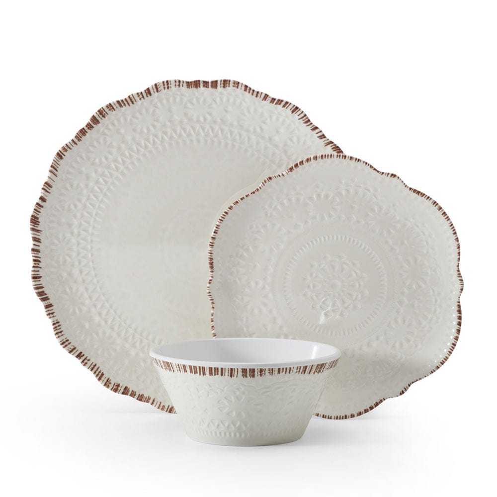 Chateau Cream melamine dinnerware set displayed on a picnic table with food