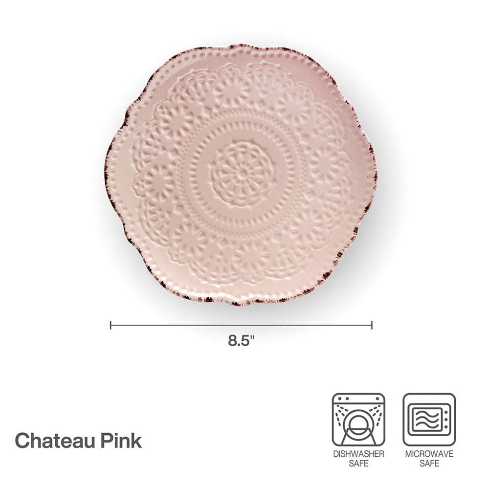 Close-up of the elegant pink salad plates, featuring a beautiful dimpled pattern and antique finish.