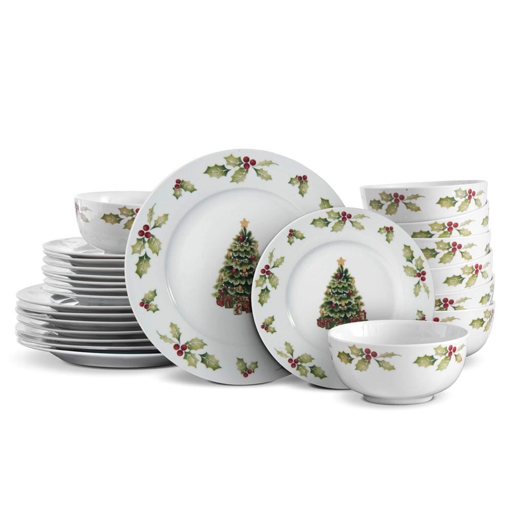 Close-up of porcelain dinner plates with Christmas-themed rim details, ideal for holiday dinners