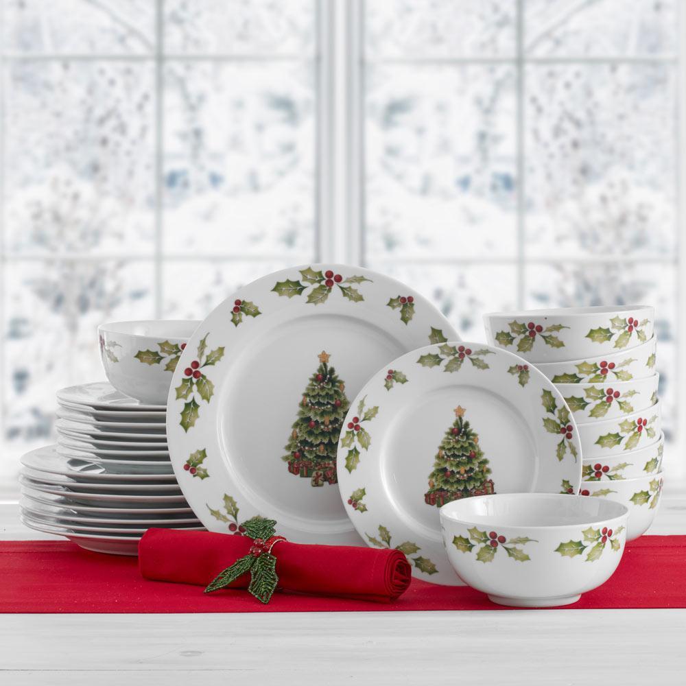 Christmas dinnerware set with holiday tree and holly design, perfect for festive table settings