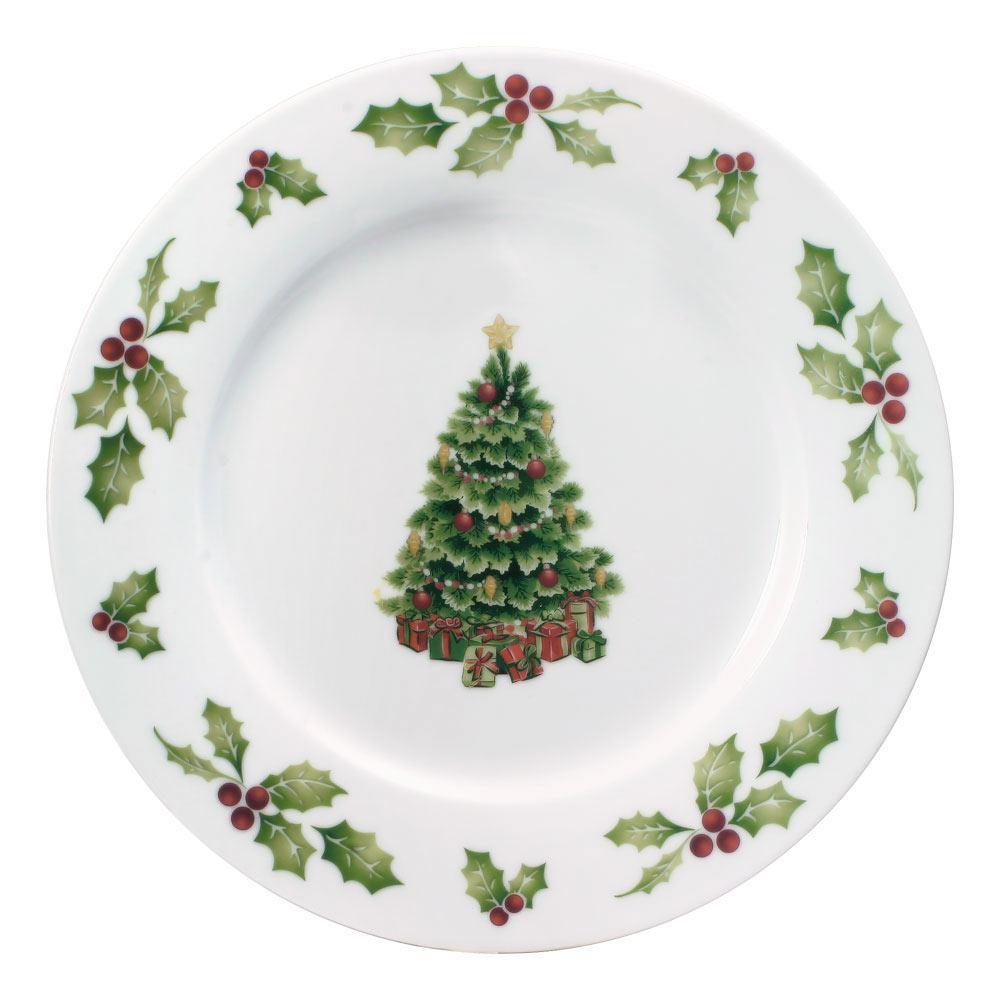 Christmas dinnerware set with holiday tree and holly design, perfect for festive table settings