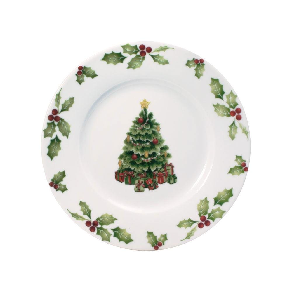 Close-up of porcelain dinner plates with Christmas-themed rim details, ideal for holiday dinners