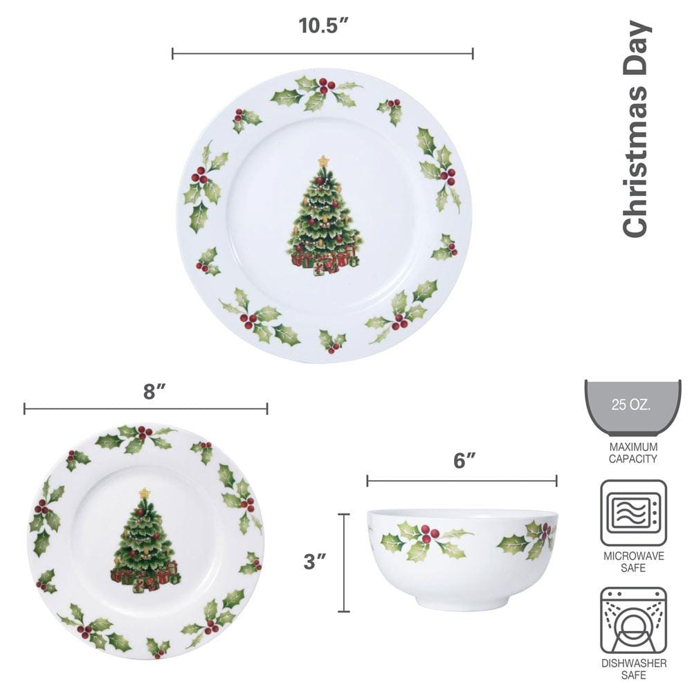 Close-up of porcelain dinner plates with Christmas-themed rim details, ideal for holiday dinners